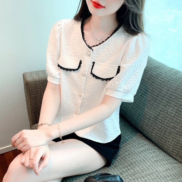 RM11036#夏季新款韩版V领蕾丝边高低口袋钉珠扣宽松短袖雪纺衬衫女潮