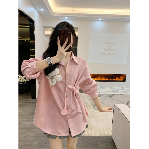RM8818#酷丝棉春季粉色立体花朵长袖衬衫女设计感小众衬衣女