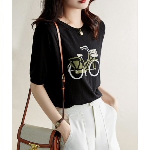 TR28323# 韩系女装夏季新款圆领趣味减龄冰丝短袖T恤针织衫夏 服装批发女装服饰货源