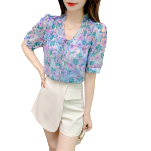 RM20244#法式温柔风短袖雪纺衫2023新款女夏季减龄好看的上衣洋气漂亮小衫