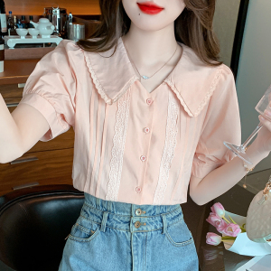 RM21145#夏季新款时尚娃娃领短袖雪纺衬衣别致洋气漂亮小衫
