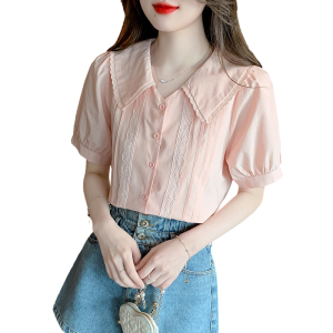 RM21145#夏季新款时尚娃娃领短袖雪纺衬衣别致洋气漂亮小衫