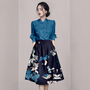 RM11711#复古蓝色印花套装春季2023新款女装法式高级感两件套裙子