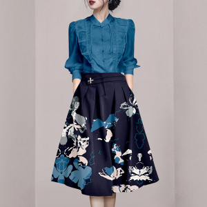 TR34635# 复古蓝色印花套装春季新款女装法式高级感两件套裙子 服装批发女装批发服饰货源