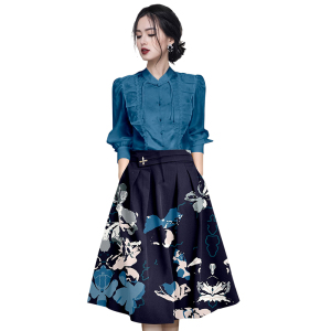 RM11711#复古蓝色印花套装春季2023新款女装法式高级感两件套裙子