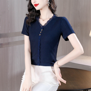 TR30614# 夏天蕾丝t恤女春夏新款气质时尚v领小衫修身遮肚子短袖上衣女