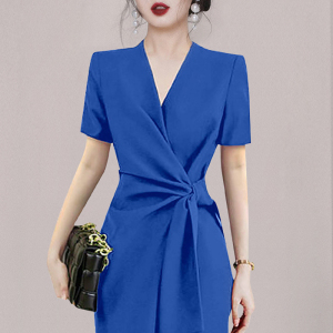 TR34637# 高级感气质蓝色法式连衣裙女装新款职业收腰裙子夏季 服装批发女装批发服饰货源