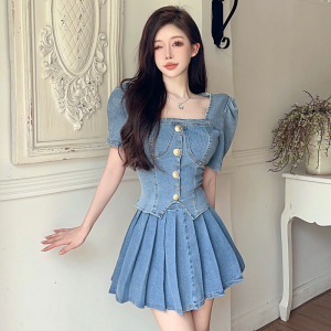 Real time Xiaoxiangfeng Set Women's New Bubble Sleeve Single breasted Small Shirt High Waist Slim Skirt Denim Two Piece 