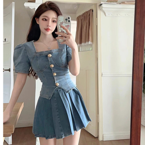 Real time Xiaoxiangfeng Set Women's New Bubble Sleeve Single breasted Small Shirt High Waist Slim Skirt Denim Two Piece 