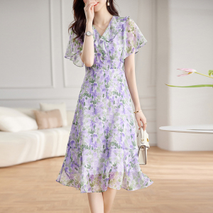 RM10866#紫色碎花连衣裙女2023夏季新款小众设计感修身显瘦收腰茶歇裙