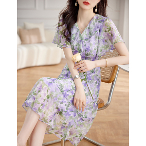 RM10866#紫色碎花连衣裙女2023夏季新款小众设计感修身显瘦收腰茶歇裙