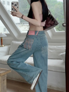 RM9385#大码女装欧洲站民族风刺绣口袋设计牛仔裤宽松直筒阔腿拖地裤