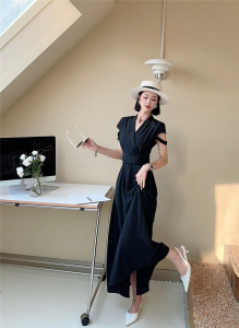 RM10157#夏季新款洋气高级V领设计高腰显瘦绑带气质大摆连衣裙女