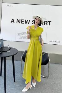 RM10157#夏季新款洋气高级V领设计高腰显瘦绑带气质大摆连衣裙女