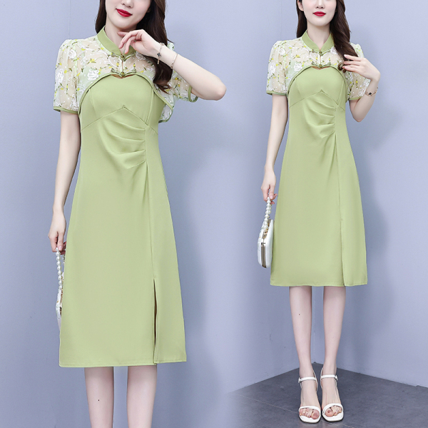 RM11421#大码女装2023年夏季新款复古国风中式改良旗袍连衣裙两件套...