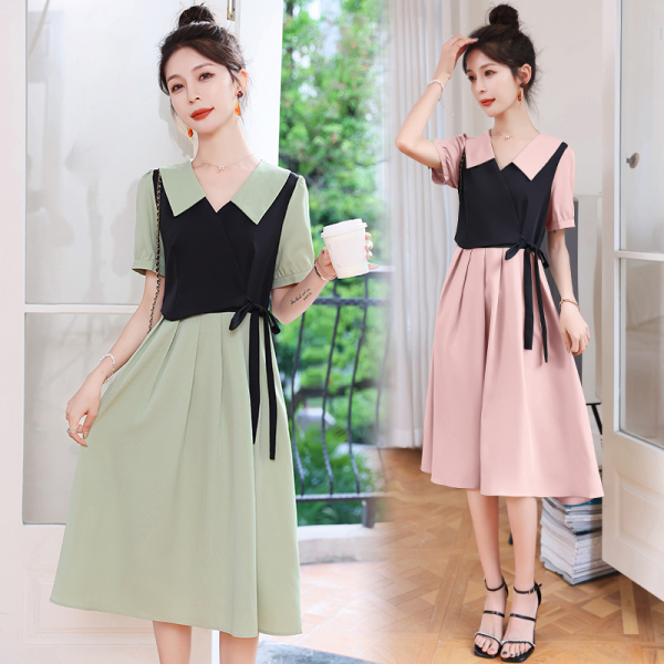 RM12297#连衣裙女2023夏季新款气质显瘦拼色设计感假两件中长裙子