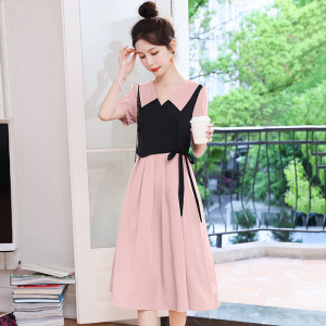 RM12297#连衣裙女2023夏季新款气质显瘦拼色设计感假两件中长裙子