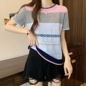 RM20373#夏新短袖圆领条纹chic撞色T恤女宽松针织时尚拼色打底衫