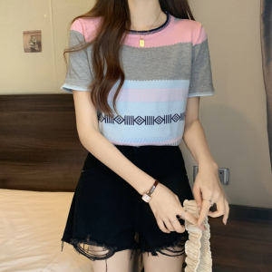 RM20373#夏新短袖圆领条纹chic撞色T恤女宽松针织时尚拼色打底衫