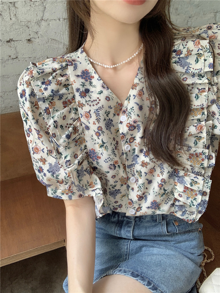 实拍！韩系V领设计感小众碎花短袖衬衫 夏季法式复古甜美衬衣