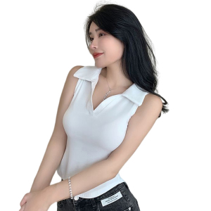 RM11302#白色V领不规则小背心吊带女夏季美式纯欲修身polo领无袖上衣