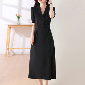 RM9340#黑色连衣裙女法式V领复古赫本小黑裙收腰显瘦气质中长裙