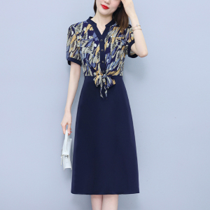 RM19374#夏季新款时尚印花拼接大码连衣裙气质显瘦淑女中长裙短袖