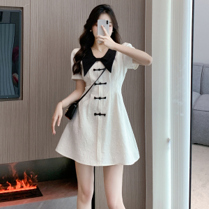 RM9233#夏季新款新中式国风娃娃领拼色提花盘扣短款A字连衣裙