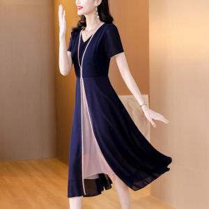 RM16028#藏青色V领拼接雪纺连衣裙女夏季气质收腰显瘦短袖长裙