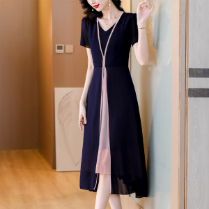 RM16028#藏青色V领拼接雪纺连衣裙女夏季气质收腰显瘦短袖长裙