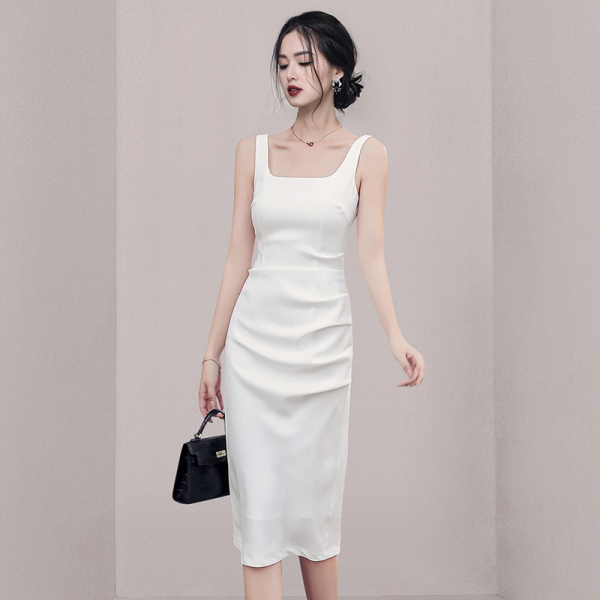 RM10103#新款女装收腰显瘦设计感皱褶高腰包臀连衣裙