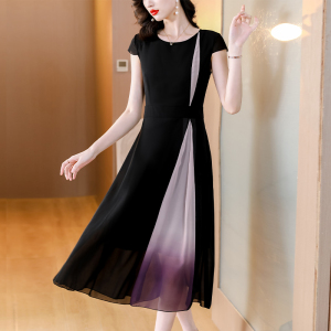 RM16029#黑色中长款连衣裙收腰女紫色拼接气质修身显瘦夏季短袖