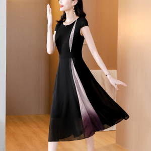RM16029#黑色中长款连衣裙收腰女紫色拼接气质修身显瘦夏季短袖