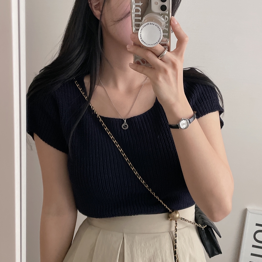 Real shot square neck sexy ice silk sweater Korean version chic short sleeve flying sleeve thin pullover sweater