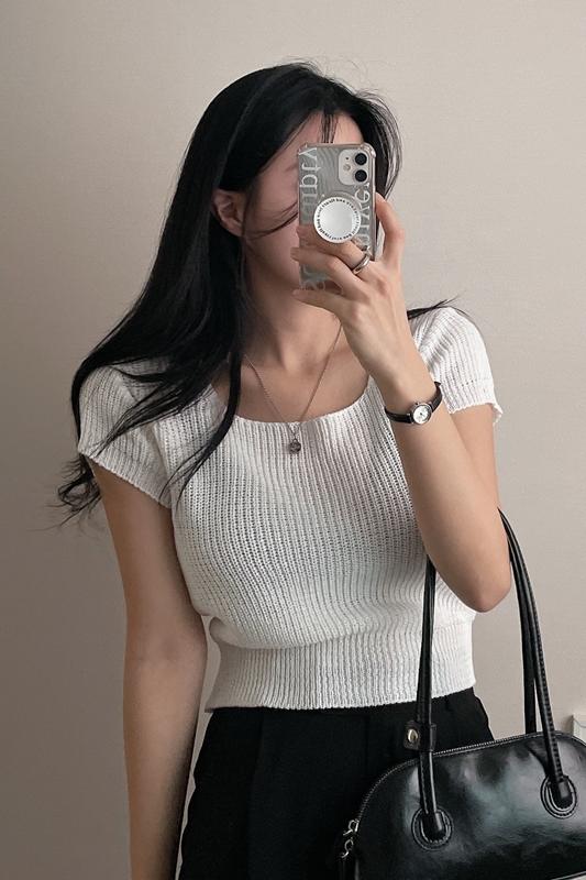 Real shot square neck sexy ice silk sweater Korean version chic short sleeve flying sleeve thin pullover sweater