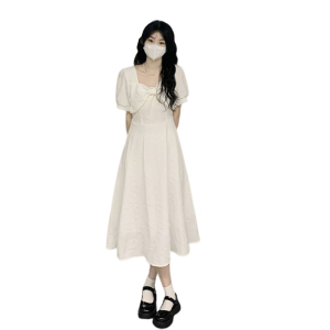 RM14900#法式温柔泡泡袖白色连衣裙子女夏季收腰显瘦初恋气质长裙子设计感