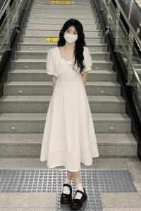 RM14900#法式温柔泡泡袖白色连衣裙子女夏季收腰显瘦初恋气质长裙子设计感