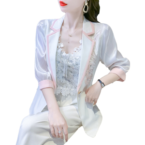 RM10949#中袖薄款西装重工镶钻西装领纯色夏装中长甜美上衣修身