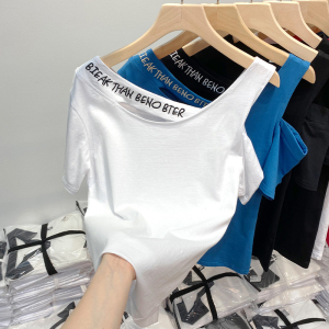 RM9045#纯棉短袖t恤女装2023年新款夏季半袖露肩上衣服修身刺绣
