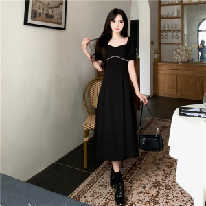 RM10203#黑色大码连衣裙女夏法式高级感设计赫本风胖mm修身显瘦小黑裙
