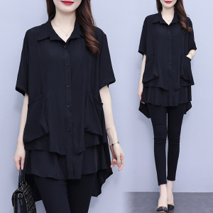 RM9537#时尚洋气双口袋黑色衬衫女2023夏季新款休闲显瘦百搭POLO领上