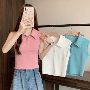 RM9057#韩系白色纯欲风polo领纯棉无袖背心女2023夏季修身短款ins