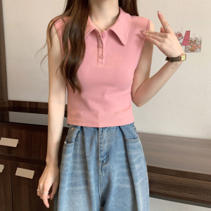 RM9057#韩系白色纯欲风polo领纯棉无袖背心女2023夏季修身短款ins