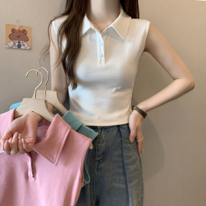 RM9057#韩系白色纯欲风polo领纯棉无袖背心女2023夏季修身短款ins
