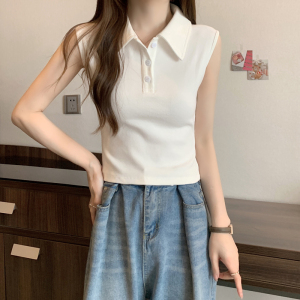 RM9057#韩系白色纯欲风polo领纯棉无袖背心女2023夏季修身短款ins