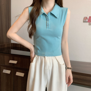 RM9057#韩系白色纯欲风polo领纯棉无袖背心女2023夏季修身短款ins