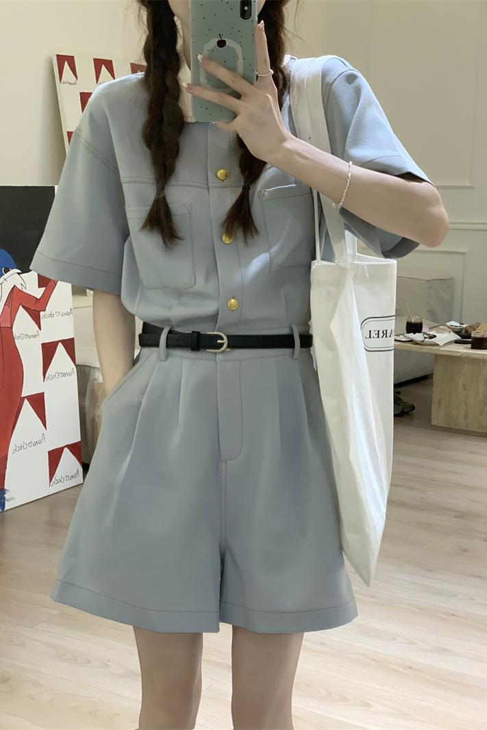Actual shot of 2024 spring new light blue doll collar overalls slimming waist jumpsuit for small people