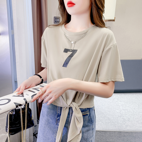 RM9226#夏季新款绑带短袖t恤女夏季宽松ins慵懒风艺术生体恤上衣