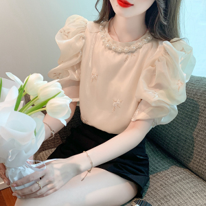 RM18121#夏季新款法式高级感小众刺绣花朵衬衫女洋气泡泡袖上衣女