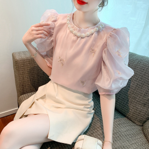 RM18121#夏季新款法式高级感小众刺绣花朵衬衫女洋气泡泡袖上衣女